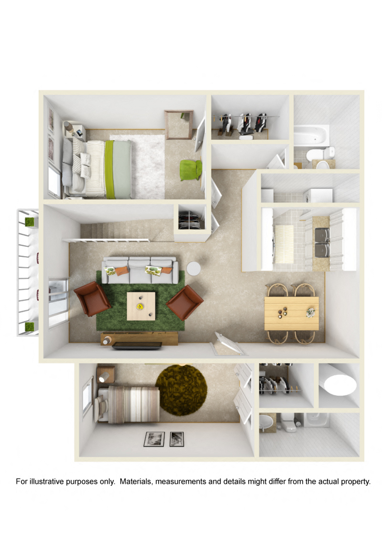 Floor plan for 2 beds, 2 baths, 950 sqft
